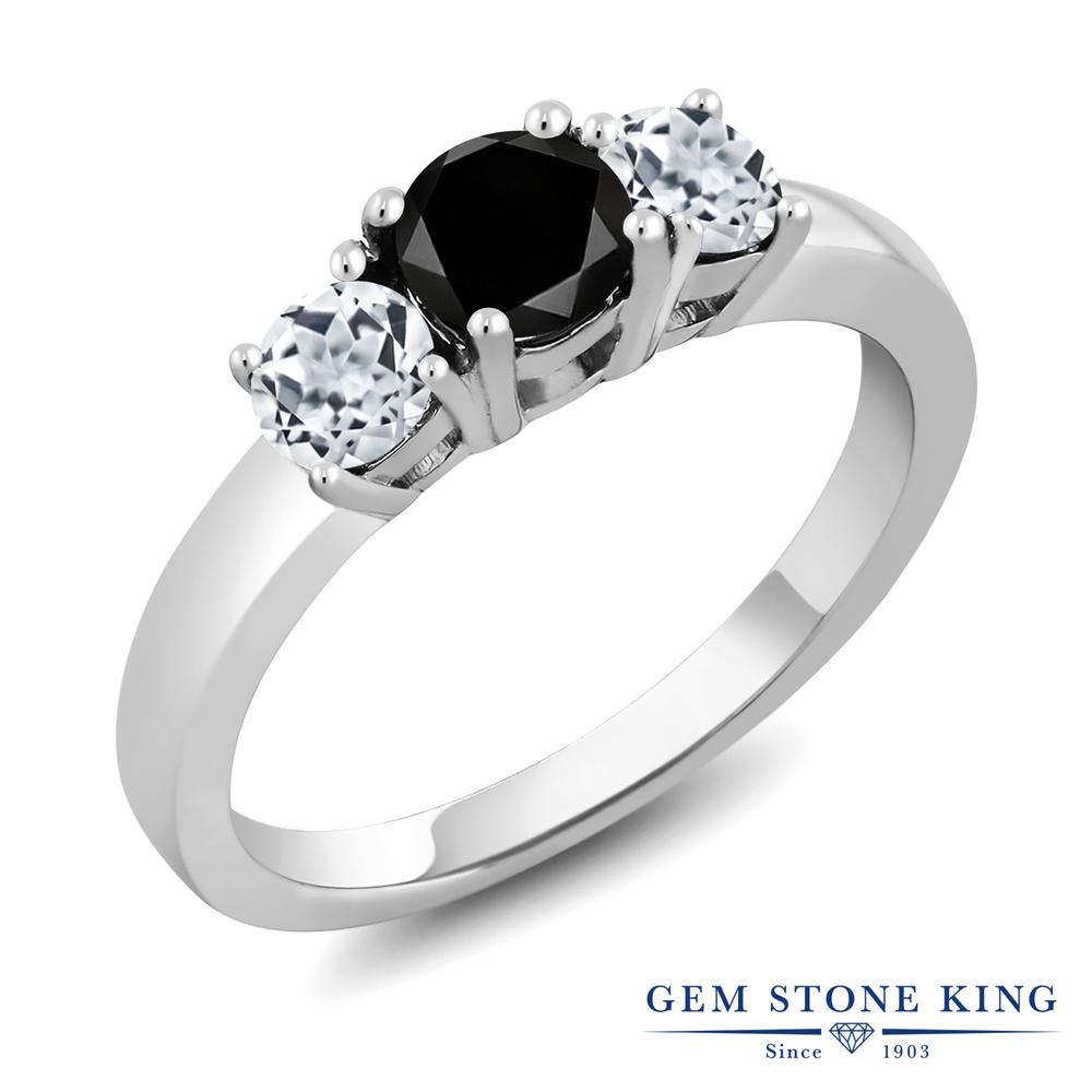 Gem Stone King 1.21カラット 天然ブラックダイヤモンド 天然 トパーズ (無色透明) シルバー925 指輪 リング レディース ブラック ダイヤ シンプル スリーストーン 天然石 4月 誕生石 金属アレルギー対応 誕生日プレゼント