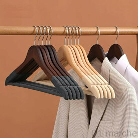 【10個セット】木製ハンガー 滑り止め付き 植毛カバー かたくずれ防止 凹みとズボンバー付き 衣類ハンガー メンズ レディース おしゃれ スーツ シャツ ジャケット コート用 ハンガーラック対応 洋服収納に最適