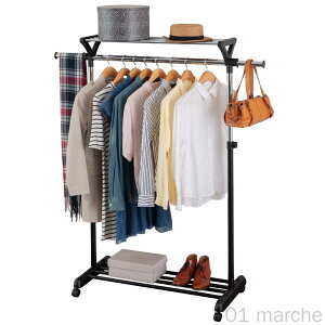 ドウシシャ ハンガーラック 掛ける置ける 上下棚付き 縦横伸縮 パイプハンガー 全体耐荷重22kg 頑丈 キャスター付き シングル 黒 大容量 洋服収納ラック 服掛け 衣類 押入れ 室内干し対応 衣