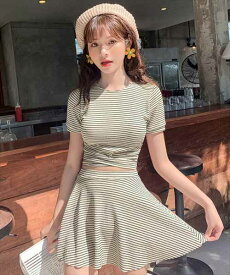 レディース水着 ボーダー柄バックリボンビキニ 上下2点セット／テディショップ（TeddyShop）