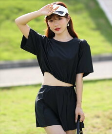 レディース水着 半袖クロップドアレンジ可能ラッシュガード+ショートパンツ　上下2点セット／テディショップ（TeddyShop）