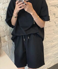 レディースルームウェア 半袖オーバーサイズルーズスウェットトップス+パンツセットアップ 2点セット／テディショップ（TeddyShop）