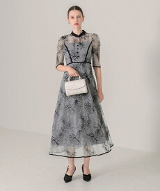 【LEJA】配色パイピングプチハイネック花柄刺繍ラメレースロング丈ドレスワンピース／レジャ（Leja）