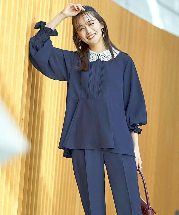 楽天市場】2WAYレース襟付きペプラムトップス＆テーパードパンツ  