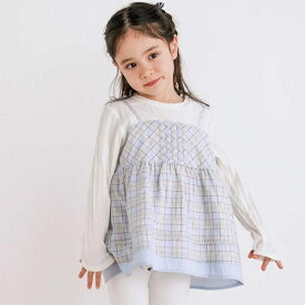 【お揃い】花柄チェック切り替えヒラヒラドッキングTシャツ(80~130cm)／スラップスリップ（SLAP SLIP）