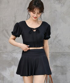 ぽわん袖ギンガムチェッククロップドビキニ+ハイウエストフレアスカート 3点セット／テディショップ（TeddyShop）