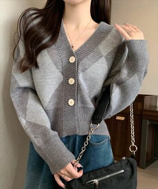 レディース 長袖ショート丈ダイヤ柄ニットカーディガン／テディショップ（TeddyShop）