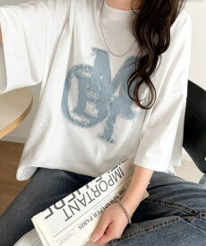 【mily bilet】デニムフリンジワッペン使いコットン100%オーバーサイズTシャツ（半袖）／クラシカルエルフ（Classical Elf）