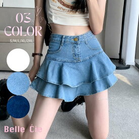 デニムスカート ミニ レディース スカパン ティアード フリル ミニスカート Y2K 韓国／ベルシー（Belle Cie）