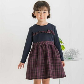 【店舗限定】リブ＋チェックドッキング長袖ワンピース(95~150cm)／ベベ プチ ポワ ヴェール（BeBe Petits Pois Vert）
