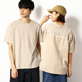 BACKロゴプリント布帛切替ワイドクルーネックTシャツ／パープル＆イエロー（Purple ＆ Yellow）