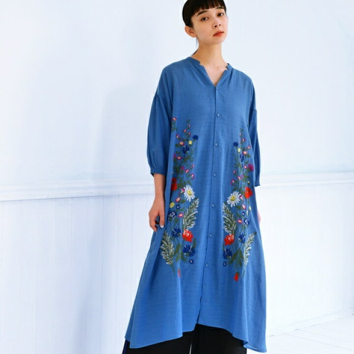 楽天市場 コットンボイル先染めボタニカル刺しゅうワンピース 前開き スーパーハッカ Super Hakka 丸井 マルイ 楽天市場店