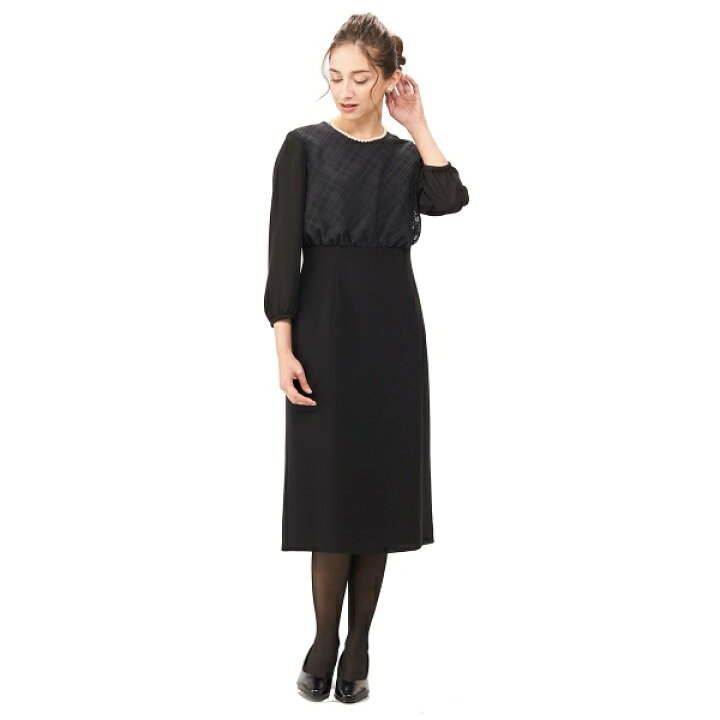 楽天市場 ブラックフォーマル 夏 袖コンシャスチェック使いのサマーワンピース 喪服 レディース 礼服 ソリテール Soriteal 丸井 マルイ 楽天市場店