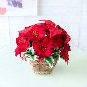 造花テーブルアレンジメント(ポインセチア) 高さ25cm バスケット鉢 /クリスマス装飾 フラワーアレンジメント インテリアフラワー フェイク 卓上 おしゃれ 装飾 置き型 店舗装飾 店内装飾 (PAS1
