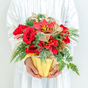 造花アレンジメントポット(ポインセチア/レッド) 高さ31cm /クリスマス装飾 フラワーアレンジメント テーブルプランター インテリアフラワー フェイク 卓上 おしゃれ 装飾 置き型 店舗装飾