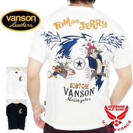 バンソン トムとジェリーコラボ 電撃アタック トムジェリ刺繍 半袖Tシャツ メンズ 新作2023年モデル VANSON Tom and Jerry tjv-2319