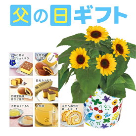 送料無料 父の日ギフト ひまわり お花 ギフト プレゼント 鉢植え 食べ物 スイーツ お菓子 お酒 文明堂 カステラ巻き どら焼き 日光 カステラ 吉野の葛餅 梅酒 鉢花 セット 送無料料