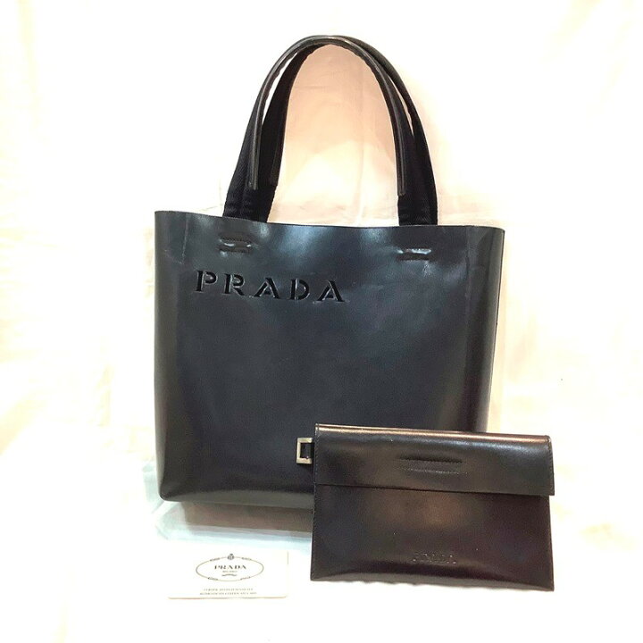 楽天市場】プラダ（PRADA）ロゴ型抜きレザートートバッグ ポーチ付き  