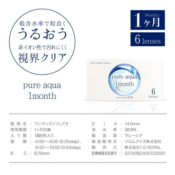楽天市場 2箱セット ピュアアクア ワンマンス By ゼル 1箱6枚 ソフトコンタクトレンズ 1ケ月使い捨て Pure Aqua 1month By Zeru なめらかなつけ心地 型崩れしにくく つけ外ししやすい 初心者オススメ コンタクトレンズ 1 D Royal