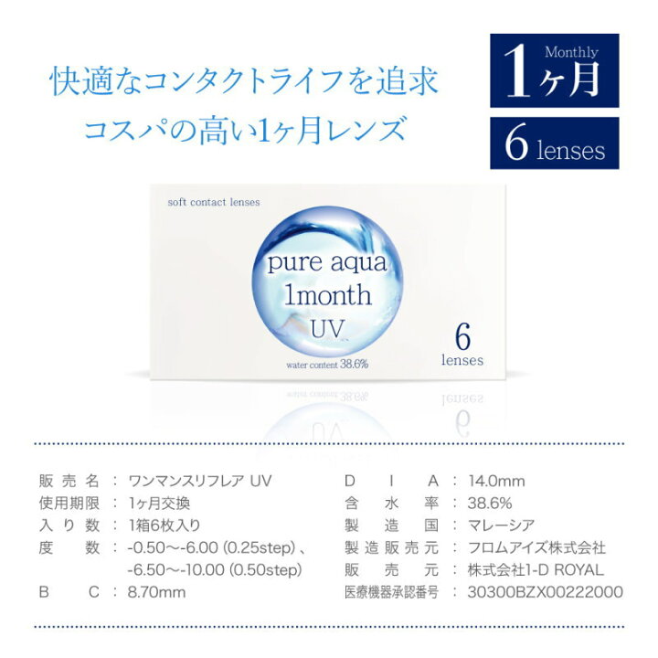 楽天市場 ピュアアクア ワンマンス Uv By ゼル 1箱6枚 ソフトコンタクトレンズ 1ケ月使い捨て Pure Aqua 1month Uv By Zeru マンスリー 1ヶ月交換 クリア コンタクト 1 D Royal