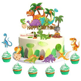 Paready ケーキトッパー 誕生日 恐竜 ケーキ飾り ケーキピック ケーキ挿入カード 11点セット Happy Birthday バースデー ケーキ デコレーション カップケーキ 飾り 男の子