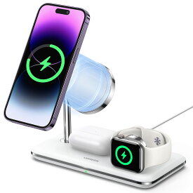 UGREEN 3 in 1 ワイヤレス充電器 MagSafe公式認証 Apple Watch 充電器 最大15W急速充電 3台同時充電可能 スタンド型ワイヤレス充電器 iPhone 15/14/13/ 12/ mini/Pro/Pro Max/Apple Watch 9/8/7/6/5/4/3/2/1/SE, AirPods Pro/3/2 対応 Qi認証 MFI認証済み