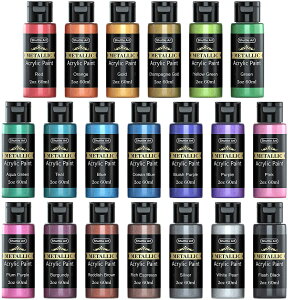 Shuttle Art アクリル絵の具 メタリック 20色セット アクリル顔料 速乾 防水 耐久 60ml ブラシ3本 パレット付き 布/ガラス/陶器/木材/キャンバスに適用 子供用 大容量 中粘度 伸びがいい DIY イラス