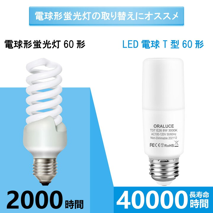 楽天市場】ORALUCE LED電球 T形タイプ E26口金 60W形相当 電球色 8W 