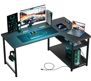 【送料無料】GTRACING ゲーミングデスク カーボン調 コンセント付き パソコンデスク L字 ラック付き モニターアーム対応 棚高さ調節可能 配線穴 右棚 79奥行き*110幅*74.5高さ DL001 ブラック 机 pc
