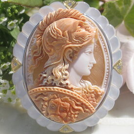 希少 Ciro Accanito作 コルネリアン シェル カメオ 白蝶貝 天然ダイヤモンド 0.04ct K18 SILVER ペンダント ブローチ 【美しい女神アテナ】