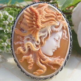 イタリアン・ジュエリー Raffaele Pernice作 コルネリアン シェル カメオ SILVER ペンダント ブローチ 【美しいメジューサ MEDUSA】