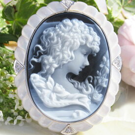 Hans-Peter Muller作 ストーンカメオ 最高級ブラックメノウ 天然ダイヤモンド 0.04ct 白蝶貝 SILVER ペンダント・ブローチ【ブロッサム 美しい横顔】