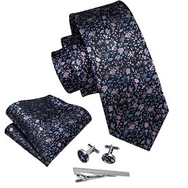 ネクタイ チーフ タイピン カフス 4点 セット メンズ 幅 レギュラータイ 黒地 花柄 (メール便 送料無料)