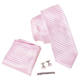 激安 ネクタイ チーフ タイピン カフス 4点 セット メンズ おしゃれ 幅 レギュラータイ ピンク ストライプ