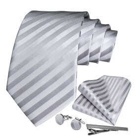 ネクタイ チーフ タイピン カフス 4点 セット メンズ 幅 レギュラータイ ホワイト系 シルバー ワイドストライプ 格安(メール便発送 送料無料)