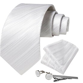 ネクタイ チーフ タイピン カフス 4点 セット メンズ 幅 レギュラータイ ホワイト系 パールホワイト シャープストライプ 格安(メール便発送 送料無料)
