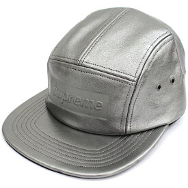 【未使用】SUPREME シュプリーム 2019SS PEBBLED LEATHER CAMP CAP OS GUNMETAL BOX LOGO 帽子 シルバー ボックスロゴ（F) 【中古】