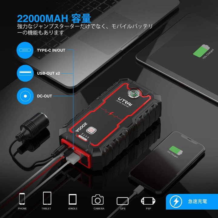 楽天市場】UTRAI ジャンプスターター 大容量 22000mAh 非常用電源 車用 