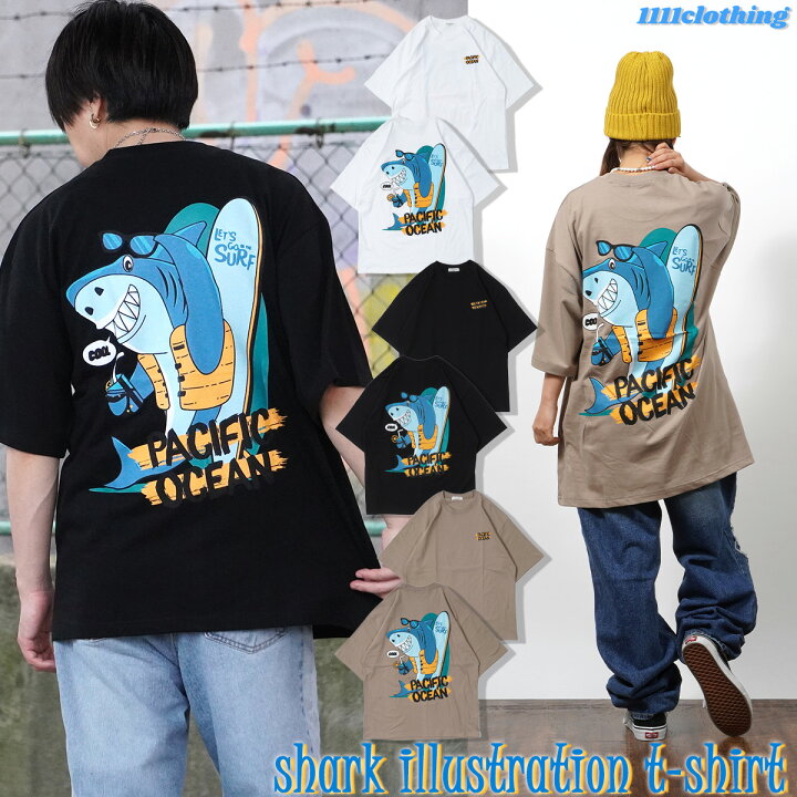 楽天市場 サメ Tシャツ メンズ オーバーサイズ Tシャツ レディース ビッグシルエットtシャツ トップス 半袖 カットソー クルーネック バックプリント 綿100 白 黒 ベージュ 大きいサイズ 韓国ファッション 夏 夏服 春夏 ストリート系 おしゃれ 韓国 服 アメカジ