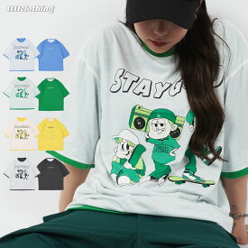 tシャツ メンズ リバーシブルtシャツ レディース イラスト プリント ロゴ 刺繍 半袖 トップス クルーネック 別注 カットソー かわいい 青 緑 黄 チャコール 大きいサイズ 韓国ファッション 夏 夏服 春夏 ストリート系 おしゃれ 韓国 服 アメカジ ストリート ブランド