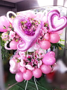 bst2-3009 プリティピンク系 チェーンオブハート大&ジュニア付 バルーンスタンド花2段  ※地域限定商品 東京・神奈川・埼玉・千葉(郡部や遠方NG。近隣地域もOKですが一度お問い合わ
