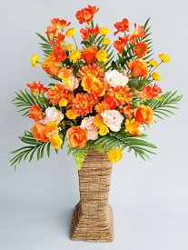 rt-zouka-023　枯れないお花　造花スクエアスタンド花60cm Mサイズ　色合いオレンジ系　開店・御祝・モデルルーム・ショールーム・パチンコ屋など　※15時までのご注文で宅急便で翌日お届け可能です