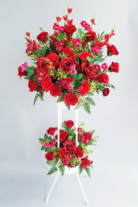 枯れないお花 造花スタンド花2段 色合いレッド系 ※地域限定商品(東京都下・神奈川・千葉・埼玉など近隣地域もOKですが一度お問い合わせ下さい)開店・御祝・モデルルーム・ショー