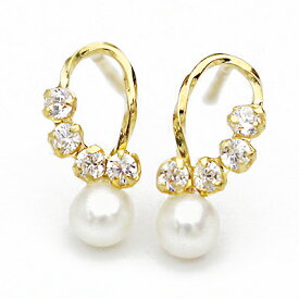 ピアス ピアス 18k ピアス 着けただけでスペシャル気分…！淡水パールを大切に留めました。くるくるラインにキュービックがキラリ★ 6月の誕生石 18金 K18イエローゴールド 彼女 女性 金属アレルギー プレゼント おしゃれ かわいい レディース ラッピング無料