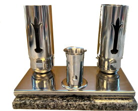 お墓参り 線香・ローソク立セット 白・グレー系御影石台座付 石のさかいオリジナル商品 お墓参り便利グッズ