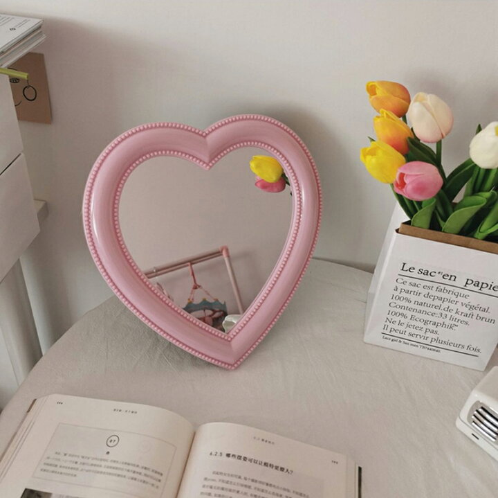 国内外の人気！ ミラー 鏡 ハート 韓国 ピンク インテリア メイク 化粧 自立 壁掛け 卓上