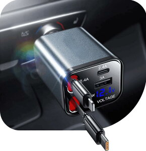 【送料無料】4in1 多機能 車載充電器 QI2.0 30W急速充電 巻き取り式 Type-C&iPhoneケーブル内蔵 180度角度調整 コンパクト設計 アルミ合金ボディ 過熱防止 電圧測定機能搭載 12V/24V両対応 車 カー用