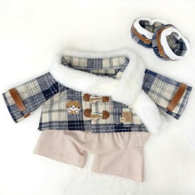 40cm手作りぬいぐるみ服 秋冬セット チェック柄 カジュアルスタイル パンツ シューズ マフラー付き ネイビー 送料無料