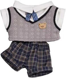 20cm用学院風ぬい服4点セット ベスト シャツ リボン パンツ グレー おしゃれ 学生風 通学 プレゼント