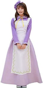 美女と野獣 ポット夫人コスプレ衣装 メイドワンピースドレス 長袖 ロング 紫 パープル ラベンダーカラー エプロン付 ミニ帽子 リボン コスチューム